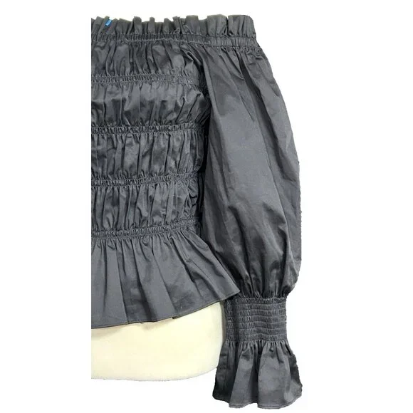 House of Harlow 1960 Black Smocked Off Shoulder Peplum Puff Sleeves Blouse Top L - Picture 3 of 9